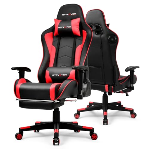 GTPLAYER Gaming Stuhl mit Fußstützen Lautsprecher Bluetooth, Gamer Stuhl Ergonomischer Computerstuhl Bürostuhl Schreibtischstuhl PC Stuhl mit 3D-Armlehnen, 200KG, Rot