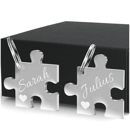CHRISCK design 2 Partner Schlüsselanhänger Puzzle mit deiner persönlichen Gravur - Spruch oder Namen aus Acrylglas - schöne Geschenkidee zum Jahrestag für Paare oder Geschenk für Freund & Freundin