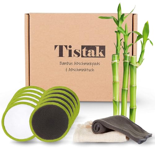 TISTAK [10er Set] Abschminkpads waschbar inkl. Abschminktuch & Wäschebeutel - Flauschig weiche und wiederverwendbare Wattepads aus feinster Bambus Faser für umweltbewusste Frauen