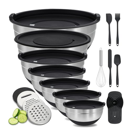 BEWOS Rührschüssel mit Deckel 7-teilig, Edelstahl Rührschüsseln mit Reibe, Nesting Design & Anti-Rutsch-Boden Rührschüssel, Größen 4.5, 4, 3.5, 2.1, 1.5, 1.1, 0.7 Qt zum Mischen&Servieren