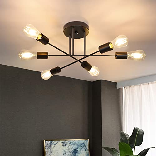 CBJKTX Deckenlampe Vintage Deckenleuchte Retro - 6 Flammig Wohnzimmerlampe Industrie E27 Schwarz Schlafzimmerlampe Esstischlampe für küche Flur Wohnzimmer Rustikal Stil (ohne Leuchtmittel)