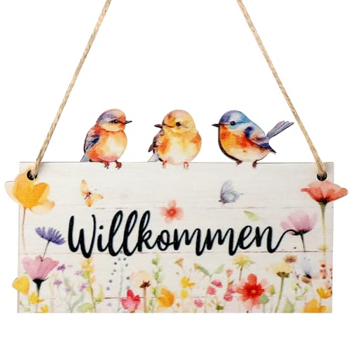 WOKICOR Türschild Willkommen Herzlich, 12 x 20 cm Hallo Frühling Gartendeko Türhänger Deko Garten Willkommensschild, Hängendes Holzschild Deko, Hängend Frühling Schild für Garten Haustür Hintertür