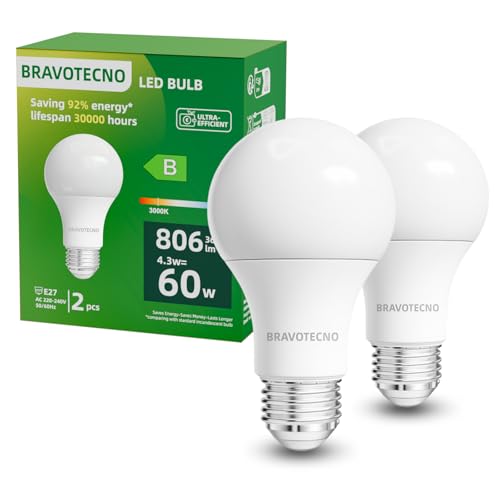 bravotecno E27 LED Glühbirne, Energieklasse B E27 LED Warmweiss, 3000K 4.3W 806LM A60 Warmweiß Leuchtmittel Entspricht 60W, 360° Abstrahlwinkel, Nicht Dimmbar, Wärmearm & Langlebig, 2 Stück