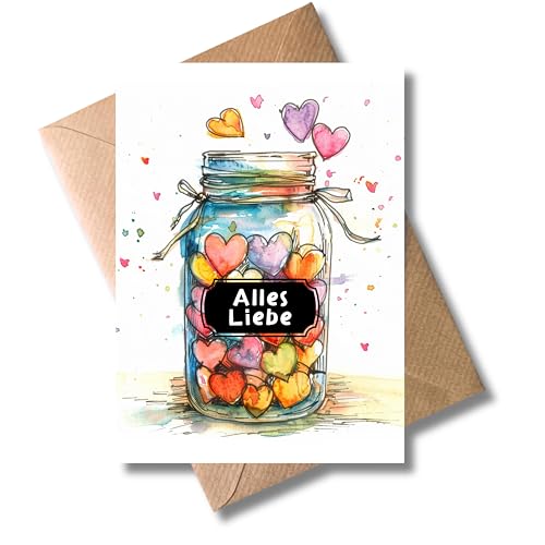 WBdesignz Geburtstagskarte mit Umschlag - Schöne Glückwunschkarte “Alles Liebe!” Geschenkkarte zum Geburtstag Herzliche Happy Birthday Karte Glas mit Herzen (DIN A6)