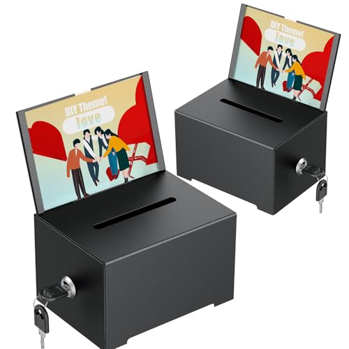 Uniclife 2 Pack Metall Spende Box für Fundraising, Vorschlag Box mit Slot und Schloss, schwarze Wahlurnen mit Schild Halter, Lagerbehälter für die Abstimmung Charity Tipp Sammlung, 16,3 x 12 x 10cm
