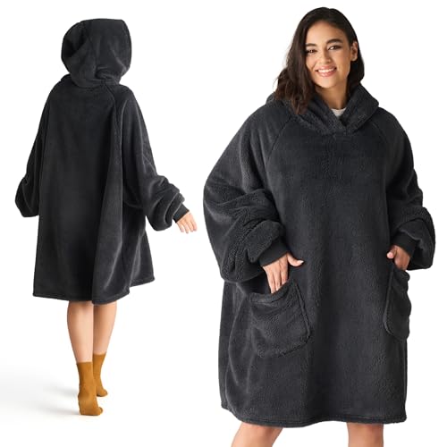 BEDSURE Hoodie Decke mit Ärmeln - Kuschelpullover als Geschenke für Frauen - Tragbare Decke zum Anziehen Erwachsene Kuscheldecke mit Ärmeln Weich Warm Geschenke für Freundin Mütter, Anthrazit 95x85cm