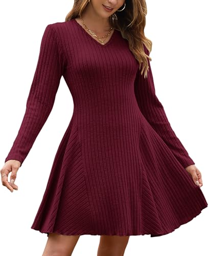AUSELILY Strickkleid Damen Herbst Leichte Langarm Kleider A Linie Pulloverkleid V Ausschnitt Winterkleid Elegant Weinrot M