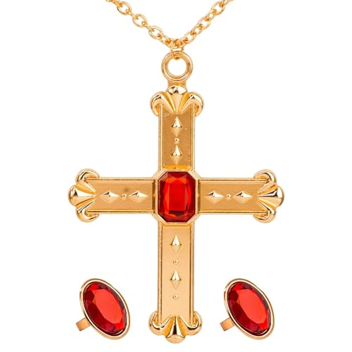 W WIDMANN MILANO Party Fashion 3076C - Kardinal Set, Halskette mit Kreuz und 2 Ringen, Schmuck, Geistlicher, Mottoparty, Karneval