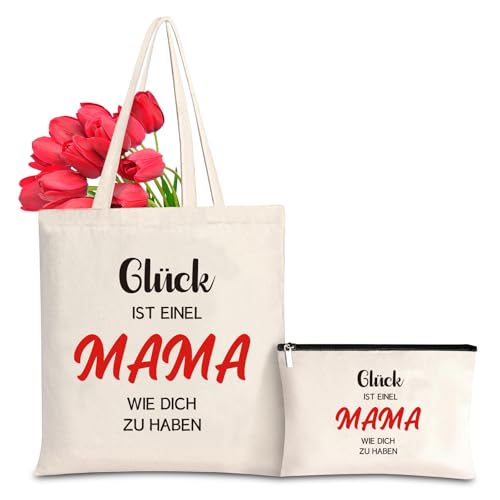 Mama Geschenk Canvas Tragetasche mit Kosmetiktasche, Einkaufstasche Mama Baumwolltasche Stofftasche Shopper Damen Tote Bag Handtasche, Geschenkidee für Mutter zum Geburtstag, Muttertag, Weihnachten