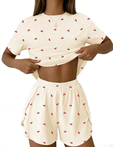 IECCP Schlafanzug Damen Kurz Pyjama Kurzarm Pyjamas Set Nachtwäsche Set Zweiteiliger Sommer Loungewear Sleepwear Hausanzug Aprikose Kirsche S