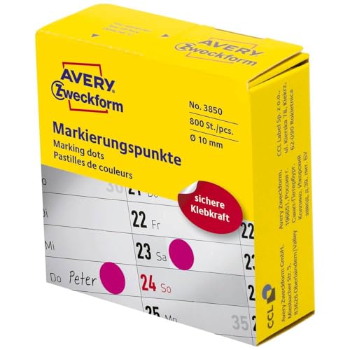 AVERY Zweckform 3850 selbstklebende Markierungspunkte 800 Stück (Ø10mm, Klebepunkte auf Rolle im Spender, Punktaufkleber zur Farbcodierung, runde Aufkleber für Kalender, Planer und zum Basteln) pink