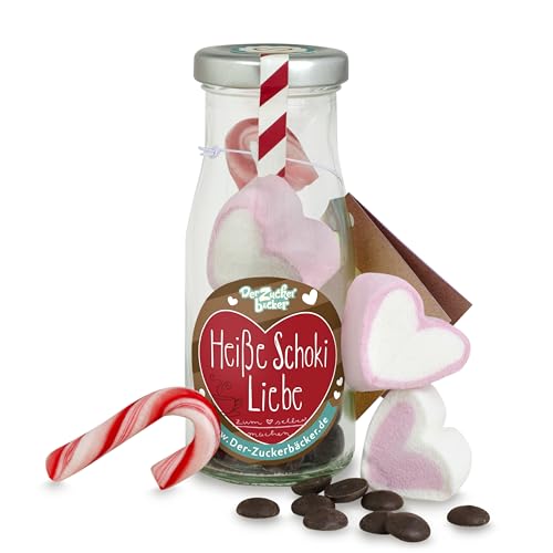 DIY Heiße Schoki Liebe – Valentinstag Schokolade als Geschenk-Idee für die Liebsten, gefüllt mit Zartbitter Schokolade, Marshmallow in Herzform und Zuckerstange
