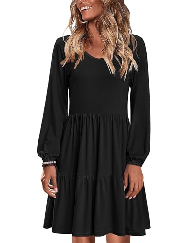 Zeagoo Damen Kleider V Ausschnitt Langarm Winterkleid Knielang Casual Lockeres Kleid Herbst Tunikakleid mit Taschen Schwarz S