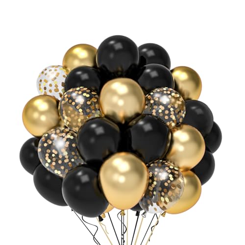 Luftballons Geburtstag Schwarz Gold, 52 Stück Helium Ballons Schwarze Goldene Konfetti Luftballons, Geburtstags Deko Schwarz Gold Ballons Für Hochzeit Abschluss Geburtstag Silvester Neujahr 2025 Deko