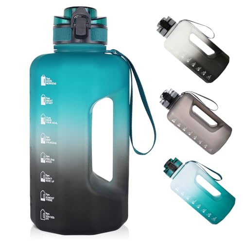 GEMFUL 2.2 Liter Trinkflasche Training Groß Gym Bottle mit Griff BPA Frei mit Zeitmarkierungen für Fitness Yoga Camping (grün schwarz)