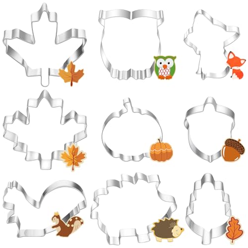 Ausstechformen Herbst, 9 Stück Erntedankfest Ausstecher Set, Edelstahl Plätzchenausstecher Waldtieren, Blätter Keksausstecher, Kürbis Cookie Cutter Geschenke für Kinder Backen Fondant Torten