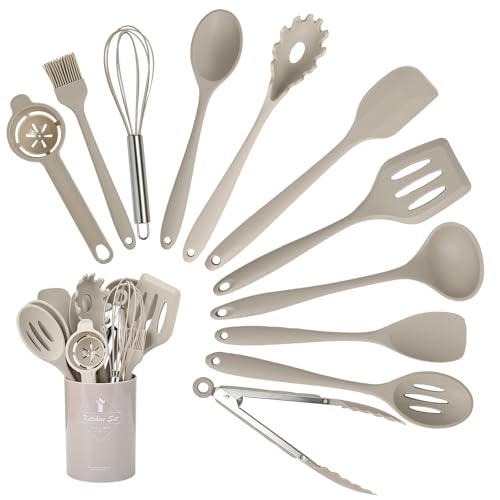 VINATO 12-teiliges Küchenhelfer Set aus Lebensmittelechtem Silikon & Edelstahl, inklusive Aufbewahrungseimer, Küchenutensilien, BPA-frei für Backen und Braten, Khaki