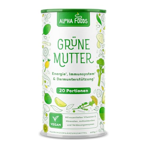 Grüne Mutter 2.0 - Das Original - Greens Shake - Akazienfaserpulver, Weizengras, Brennnessel, Mariendistel, Alfalfa, Chlorella und mehr - Smoothie Shake - 600g Pulver - Alpha Foods