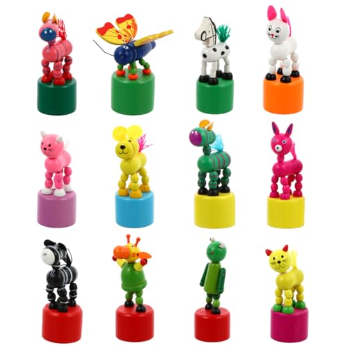 NUOBESTY 12 StüCk Holz-Tierfiguren Zum HochdrüCken, Wackelkopf Statue, Spielzeug FüR Kinder, Geburtstag, Ostern, Neujahr, Partygeschenke