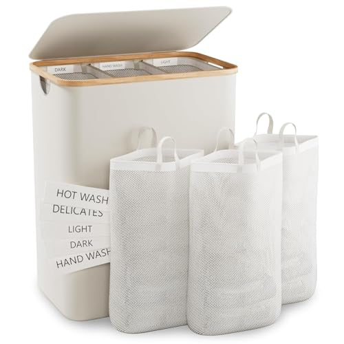 Wäschekorb Mit Deckel, 160L Extra Große Wäschekorb 3 Fächer Schmutzige Kleidung Korb für Wäsche Mit Abnehmbaren Wäschesäcken, Körbe für Schlafzimmer, Waschküche, Beige