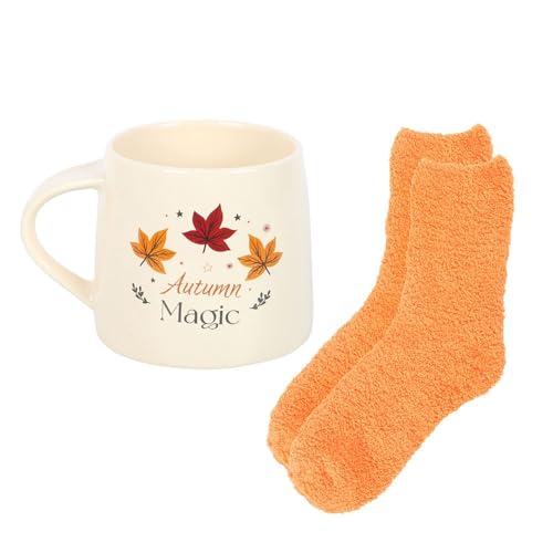 Herbstmagisches Tassen- und Socken-Set, Harvest Moon Design, Keramiktasse (380 ml), gemütliche Herbstsocken, saisonale Farben, mikrowellengeeignet, perfekt für herbstliche Getränke und Komfort