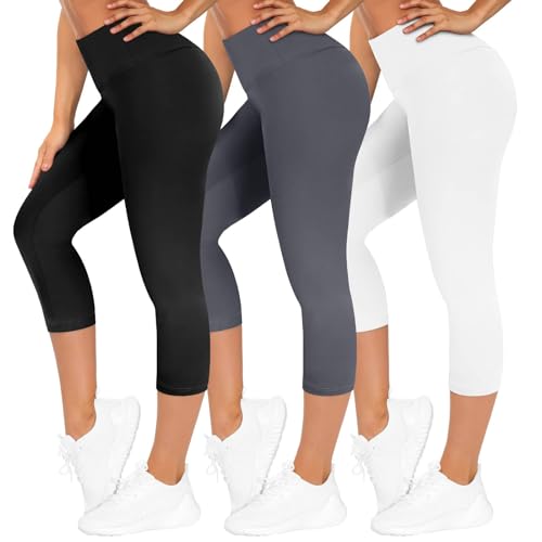 TNNZEET 3er Pack Capri Leggings Damen 3/4 für Sport, 7/8 Leggins High Waist Hose Sporthose für Gym Yoga(Schwarz/Dunkelgrau/Weiß,XXL)