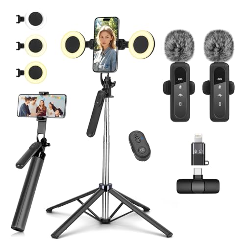 Handy Stativ Vlogging-Kit for iPhone/Android,180cm Selfie Stick mit 2 Fülllich und Kabellosem Mikrofon,Tripod Handy Stativ für Smartphone,Tiktok/YouTube Starter-Kit