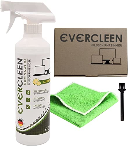 EVERCLEEN Made in Germany Screen Cleaner Pro Bildschirmreiniger 500ml + Mikrofasertuch. Umweltschonender Veganer Reiniger für TV, PC, Laptop, Tablet, Displays, Brillen & Smartphone