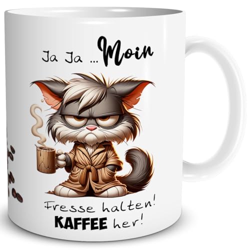 TRIOSK Tasse Morgenmuffel Katze lustig mit Spruch Moin Fresse halten Kaffee her Spaß Kaffeemotiv Geschenk für Kaffeeliebhaber Frauen Männer Katzenliebhaber Kollegen Weiß, Keramik 300ml