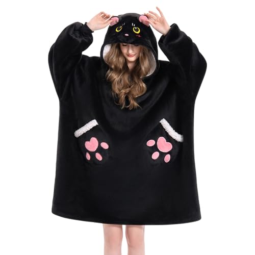 OLAOLA Schwarze Katze Übergroße Decke Hoodie für Erwachsene, Sherpa Fleece Tragbare Decke mit Ärmeln Taschen, Weiches Warmes Kuscheliges Kapuzensweatshirt für Damen Herren