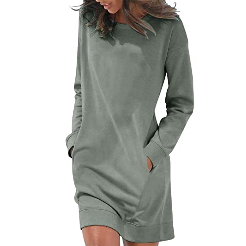 Generisch Winterkleid Damen Lang Elegant Langarm Warm Midi Pulloverkleid Winter Pullikleid Knielang Casual Tunika Kleid Herbst Festlich Crewneck Sweatkleid Elegant Freizeitkleid Sweat Grau L