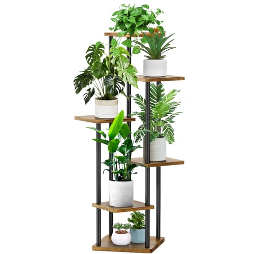YOCOMEY 6-Tier Hölzern Blumenregal Pflanzenregal, Mehrstöckig Blumenständer Pflanzenständer Blumenbank Blumentreppe Pflanzentreppe Standregal für Innen Garten Balkon Deko(Schwarz)