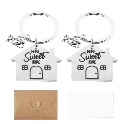 QINGYIWL 2025 Schlüsselanhänger Haus 2 Stück Sweet Home 1 Briefumschlag und Blankokarte Klein Schlüsselringe Individuelles personalisiertes Geschenk Einweihungsgeschenk Silber