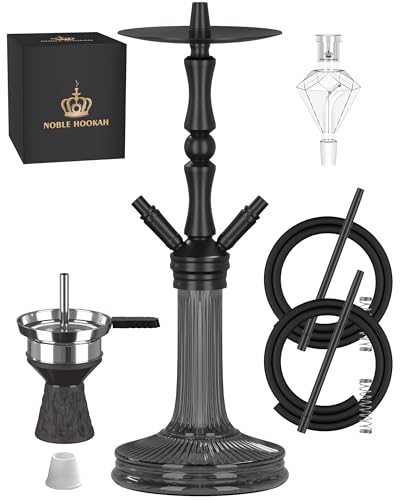 NOBLE HOOKAH 77cm Shisha Set 2 Schläuche aus Aluminiumrohr mit 2 Anschlüssen und komplettem Shisha Zubehör - Shisha Kopf, schöne Glasvase, Melassefänger, 2 Schläuche und Griff (Schwarz)