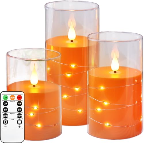 Kiexung LED-Kerzen, blinkende batteriebetriebene Kerze, eingebaute Sternenlicht-Lichterkette, Halloween-Kerze, unzerbrechliches Plexiglas mit Fernbedienungs-Timer, 3er-Set (orange)