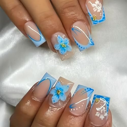 CharmBurst 24 Stück Blaue Blumen Press On Nägel Kurz Quadratisch French Tip Kunstnägel Mit Gold Strass Blumen Design Frühling Sommer Falsche Nägel Niedliche Vollcover Künstliche