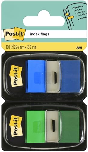 Post-it Index Haftstreifen, Standard, Blau und Grün, 25.4 mm x 43.2 mm, 50 Haftstreifen pro Spender, 2 Spender - Für Dokumente und Wichtige Informationen