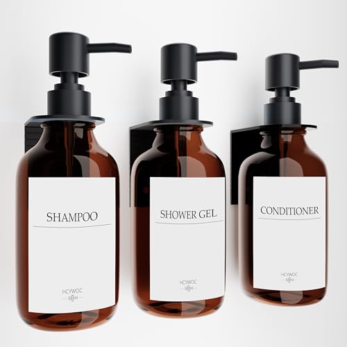 Seifenspender Wandbefestigung, Shampoo Flaschen Zum Befüllen Mit 16 Wasserdichten Etiketten, Spülmittelspender Ohne Bohren, Badezimmer Seifenspender Set, 500ml, 3 Stück, Bernsteinfarben