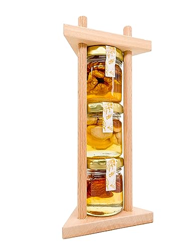FOODOKO FINEST - Honig Geschenk Set mit Nüssen und Holzgestell (Akazienhonig mit Walnüssen, Haselnüssen und Mandeln 3x40g)