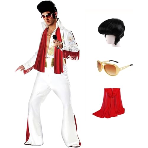 Luming Herren Halloween Kostüm Karneval Deluxe Kostüm 50er 70er Disco-Party 5-teiliges: Jumpsuit, Gürtel, Perücke, Sonnenbrille, Schal