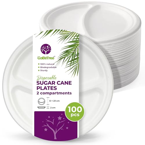 GoBeTree 100 Einwegteller aus Zuckerrohr, 23 cm, mit 2 Fächern, mikrowellengeeignet, stabil in Weiß – Ideal als Einweggeschirr für Feiern, Catering, Feste und mehr: langlebig, umweltbewusst.
