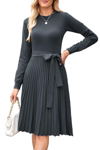 Arach&Cloz Strickkleid Damen Herbst Midi Plissee Langarm Winterkleider Rundhals Casual Herbstkleid Pulloverkleid(Dunkelgrau,L)