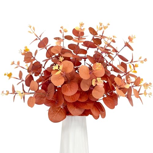 ROLLWAY 30 Stück Eukalyptus Deko Herbstblumen Künstlich Kunstblumen Herbst Eucalyptus Künstliche Eukalyptus Zweige 31cm, Kunstblumen Orange Herbstzweige Dekozweige Herbstblätter Kunstzweige Herbst