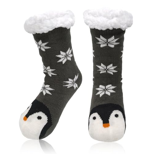UILYNIU Kuschelsocken Damen, Dicke Flauschige Warme Haussocken, Pinguin Plüschsocken, Wintersocken, Antirutsch, 4-9