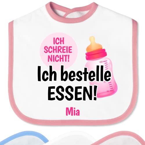 Baby Lätzchen „Ich schreie nicht! Ich bestelle Essen!“ mit Namen personalisiert für Mädchen & Jungen - mit Klettverschluss – Spucktuch Kinder – lustige Baby-Geschenke Taufgeschenke (Saum Rosa)