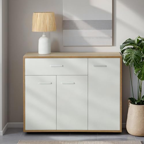 CARO-Möbel Sideboard Estelle Kommode Mehrzweckschrank, Sonoma Eiche/weiß mit 3 Türen und 1 Schublade, 88 cm breit