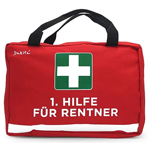 Dakita 1. Hilfe Tasche zur Rente - 28x18x8cm groß | Lustiges Rentner Geschenk zum Ruhestand Abschied für Kollegen | Ideales Abschiedsgeschenk für Rentner zum Renteneintritt (rot, ohne Inhalt)