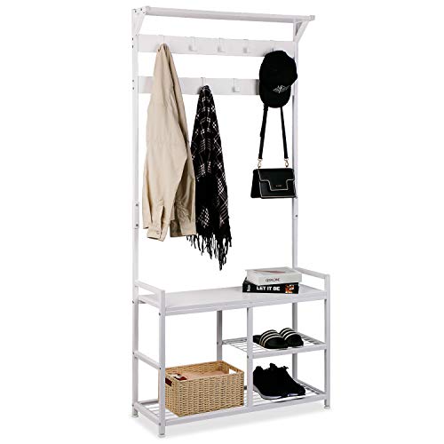 Leader Accessories Garderobenständer mit Bank Metallgarderoben rustikal Kleiderständer 182x30x84cm (HxTxB) Weiß