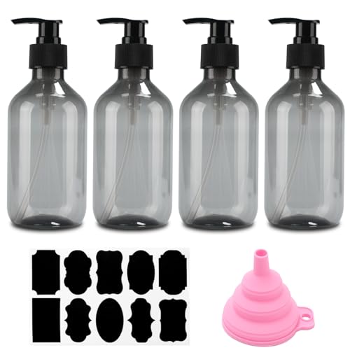 4 Stück Seifenspender, 300 ml Befüllen, Duschgel Spender, Pumpspender, nachfüllbare Pumpflaschen, Leere Shampooflaschen für Dusche Lotionen Shampoos + Trichter & Etikett(Grau) (grau)