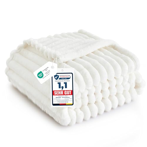BEDSURE Kuscheldecke für Zimmer Deko - Wolldecke & Fleecedecke, Sofadecke, Weiche Warme Grobe Korddecke für Couch, Geschenke für Frauen, Tagesdecke, Wollweiß, 150 x 200 cm